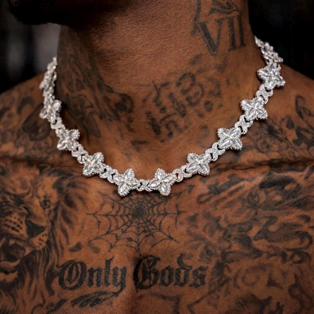 Iced Out Floral Clover Necklace, Black White CZ Infinity Leaf