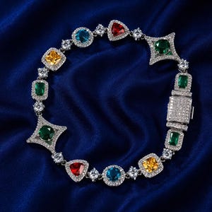 Men's Multicolor Gemstone Tennis Bracelet, Gold Luxury Hip Hop Jewelry