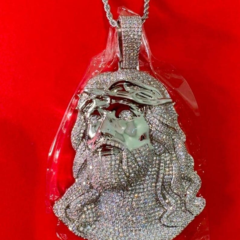 Iced Out Jesus Piece Pendant, Silver Rope Chain, CZ Hip Hop Necklace - Etsy