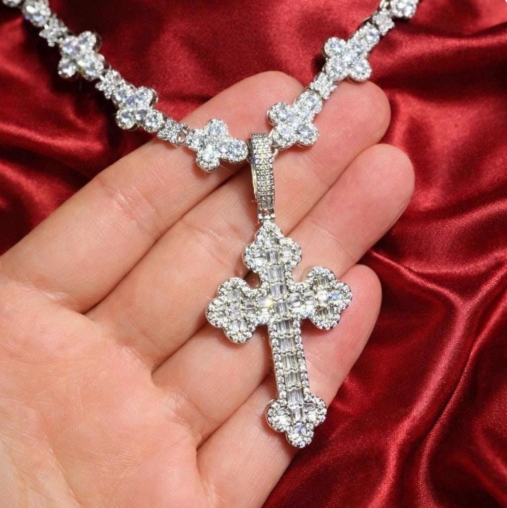 Iced Out Cross Pendant Necklace, 20 Inch Tennis Chain, CZ Diamond Hip ...