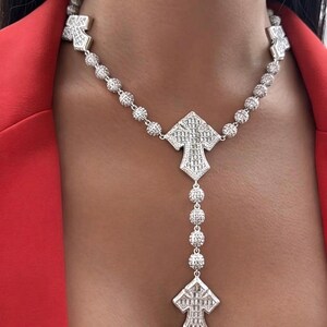 Srebrny naszyjnik z potrójnym krzyżem i koralikami, łańcuszek z biżuterią Faith Jewelry