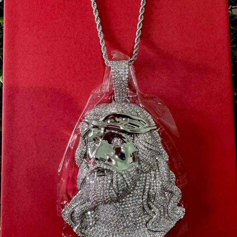 Iced Out Jesus Piece Pendant, Silver Rope Chain, CZ Hip Hop Necklace - Etsy
