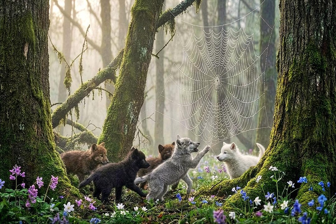 Whispers in the Web – Wolf Pups in Enchanted Forest Light - Forest ...