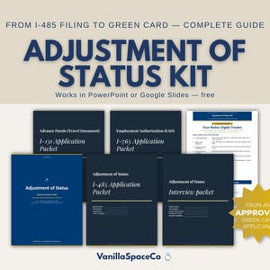 Op de afbeelding: Een digitale Adjustment of Status Kit voor I-485-aanvragen, met meerdere donkerblauwe aanvraagpakketten waaronder I-131, I-765 en interviewdocumenten. De tekst bevat From I-485 Filing to Green Card, Adjustment of Status Kit en From an Approved Green Card Applicant.