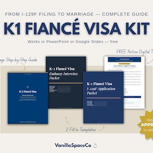 Puede incluir: Un kit de visa K1 Fiancé con una guía de 28 páginas, un paquete de entrevista en la embajada y un paquete de solicitud. El kit incluye un rastreador digital Notion gratuito y dos plantillas rellenables. El texto dice "K1 Fiancé Visa Kit".