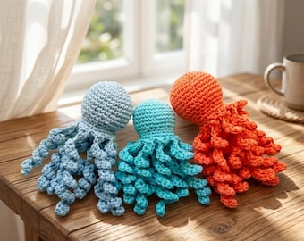 Gehäkelte Octopus Amigurumi 3er Set, handgemachte Plüschtiere, Preemie Baby Sensorische Spielzeug, Pastell Ozean Kinderzimmer Dekor, Coral Blue Geschenk