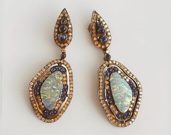 Opal, Sapphire & Diamond Statement Drop Earrings Set on silver