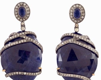Large Blue Sapphire Statement Drop Earrings – Diamond Wrap Design – Oxidized Silver & Gold Accents
