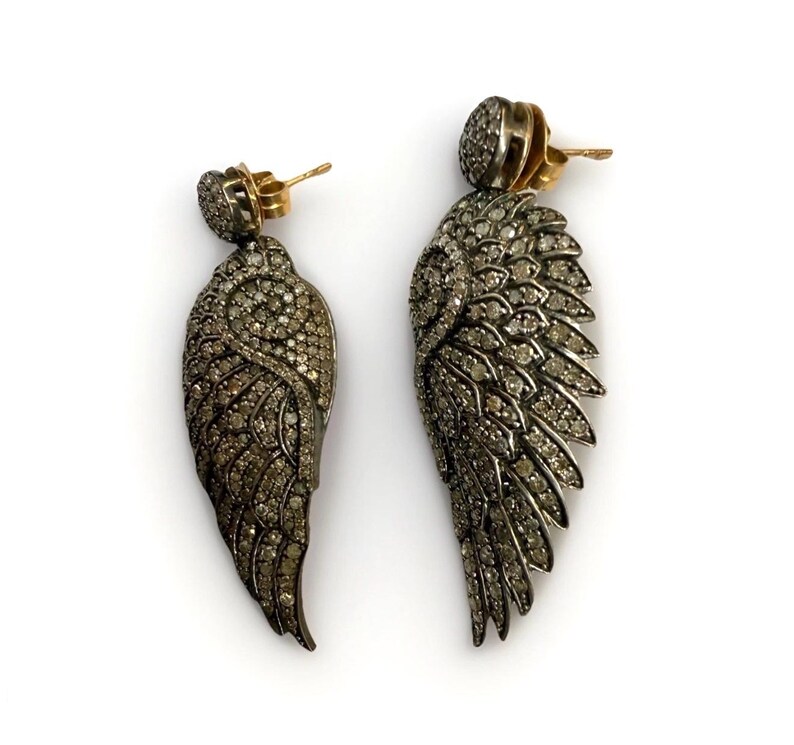 Diamond Pavé Angel Wing Drop Earrings – Oxidized Silver, Gold Posts image 2