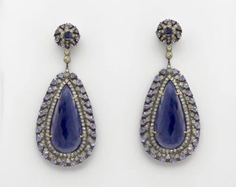 Statement Sapphire Diamond Tanzanite Earrings, Oxidized Silver, Art Deco Glam
