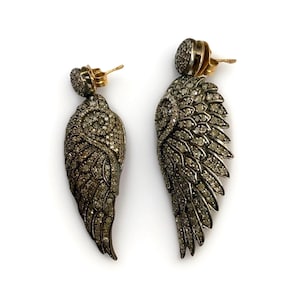 Diamond Pavé Angel Wing Drop Earrings – Oxidized Silver, Gold Posts image 1
