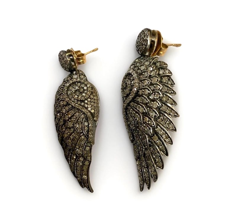 Diamond Pavé Angel Wing Drop Earrings – Oxidized Silver, Gold Posts image 1