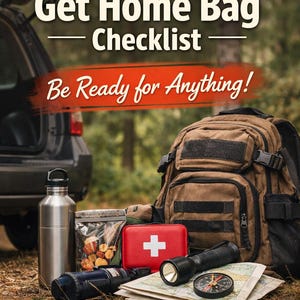 May include: A brown rucksack with emergency supplies such as a first-aid kit, torch, water bottle, and map. The image includes the text "72-Hour Get Home Bag Checklist" and "Be Ready for Anything!"