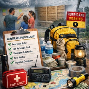 Op de afbeelding: Een voorbereidingsscène voor een orkaan met een waarschuwingsbord en een checklist. Items zijn onder meer een EHBO-kit, radio, zaklamp, waterflessen en een rugzak. De tekst luidt "BE PREPARED • STAY SAFE."