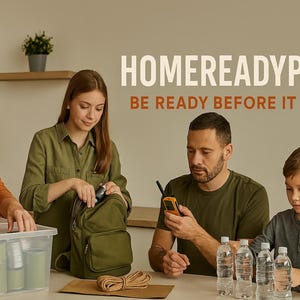 May include: A family prepares for emergencies, with a woman organizing supplies in a clear plastic bin. A green backpack, water bottles, and a walkie-talkie are on the table. Text reads: HOMEREADYPREP, BE READY BEFORE IT HITS.