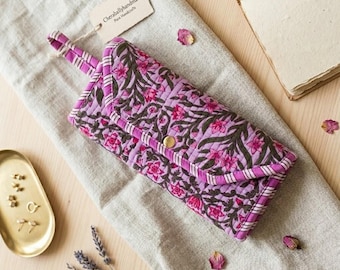Handmade gesteppte Schmuckrolle | Indischer Block Print Baumwolle Reiseveranstalter, Florale Clutch Tasche