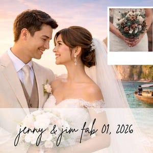 Könnte beinhalten: Ein Hochzeitsfoto mit einem lächelnden Paar in formeller Kleidung, vor einem tropischen Strandhintergrund bei Sonnenuntergang. Das Bild enthält einen Blumenstrauß, Fotos im Polaroid-Stil und den Text "jenny & jim fab 01, 2026".