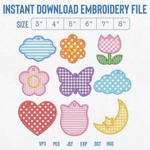 May include: An instant download embroidery file featuring nine shapes including a striped cloud, polka dot flower, gingham tulip, striped flower, gingham butterfly, polka dot cloud, polka dot heart, striped tulip, and a gingham moon with a star. Sizes 3" to 8".