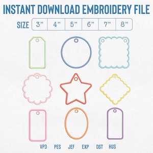 Puede incluir: Un archivo de bordado de descarga instantánea con nueve formas de contorno coloridas, incluyendo etiquetas, círculos, estrellas y cuadrados festoneados. El texto indica tamaños de 3 a 8 pulgadas y enumera formatos como VP3, PES, JEF, EXP, DST y HUS.