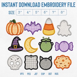 May include: An instant download embroidery file featuring eleven Halloween-themed shapes including a pumpkin, bat, candy corn, ghost, witch hat, moon, cauldron, candy, skull, and two decorative tags in sizes from 3 to 8 inches.