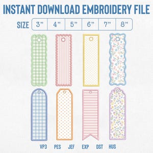 May include: Instant download embroidery file featuring eight rectangular bookmark designs with various patterns including gingham, stripes, polka dots, and floral prints. Sizes range from 3 to 8 inches. File formats include VP3, PES, JEF, EXP, DST, and HUS.