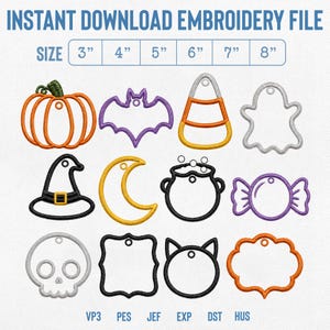 May include: An instant download embroidery file featuring twelve Halloween-themed outlines including a pumpkin, bat, candy corn, ghost, witch hat, moon, cauldron, candy, skull, and various frames. Sizes range from 3 to 8 inches with file formats listed.