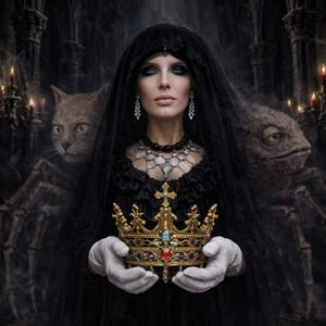 May include: A woman in a black veil and dress holds a gold crown with colourful jewels. She wears white gloves and a necklace. A cat and a lizard-like creature are in the background, creating a gothic, fantasy theme.