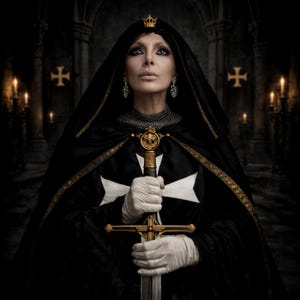 Può includere: Una persona con un mantello nero con una croce bianca, che tiene una spada d'oro. La persona indossa una corona e gioielli. Lo sfondo presenta archi in pietra, croci e candele, creando un'atmosfera gotica.