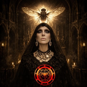 以下が含まれることがあります： 黒いベールと装飾的な宝石を身につけた女性。頭上には大きな蜂が描かれ、ゴシック様式の教会の内装を背景にしています。「BEE」という文字が入った赤い円形のエンブレムが胸の中央にあります。