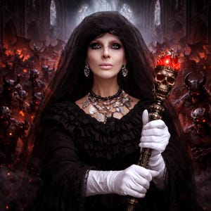 May include: A woman in a black veil and dress, holding a golden staff with a skull and crown design. The staff has a red gem. She wears white gloves and ornate jewelry. The background features a dark, gothic setting with demonic figures.
