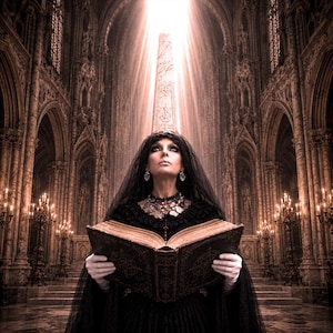 May include: A person wearing a black lace veil and a black dress with a layered necklace, holding an open, thick, dark-bound book with intricate cover details. The scene is set within a grand stone cathedral with tall arches and glowing light.