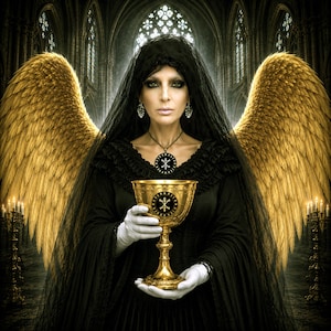 Könnte beinhalten: Eine Gestalt mit großen goldenen Flügeln trägt ein schwarzes Kleid und einen schwarzen Spitzenschleier. Sie hält einen goldenen Kelch mit einem runden schwarzen Emblem und einem weißen Runensymbol. Ein passender Anhänger hängt am Hals.