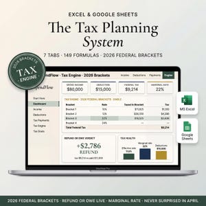 May include: A MacBook Pro displaying a tax planning system interface. The screen shows tax brackets, income, deductions, and refund information. The text includes "Excel & Google Sheets" and "The Tax Planning System."
