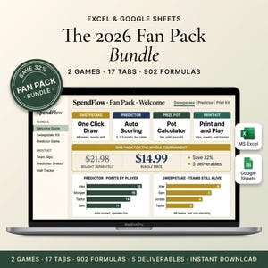 Op de afbeelding: Een laptopscherm met het 2026 Fan Pack Bundle voor Excel en Google Sheets. De interface toont tabbladen voor Sweepstake, Predictor, Prize Pot en Print Kit, met gegevensgrafieken voor punten per speler en teams die nog in het toernooi zitten.