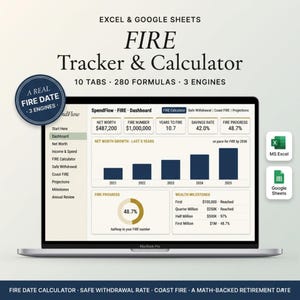 Puede incluir: Una MacBook Pro muestra una herramienta de planificación financiera llamada "FIRE Tracker & Calculator". La pantalla muestra un panel con datos financieros. El software incluye 10 pestañas, 280 fórmulas y 3 motores. El texto "A Real FIRE Date" también es visible.