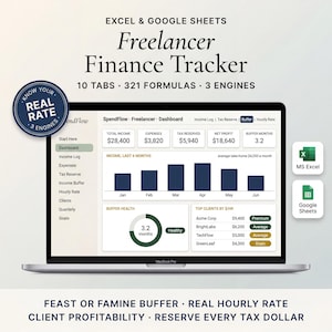Freelancer Finance Tracker | Self Employed Tax Reserve, Income Buffer, Hourly Rate Calculator | Excel & Google Sheets