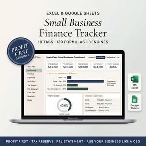 Puede incluir: Un MacBook Pro muestra un rastreador financiero para pequeñas empresas. La pantalla muestra datos financieros, gráficos y el texto "Small Business Finance Tracker." Compatible con Excel y Google Sheets.