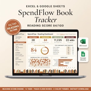 May include: A MacBook Pro displays a "SpendFlow Book Tracker" dashboard for Excel and Google Sheets. The screen shows reading statistics, including reading score, books finished, and pages read. The image also includes icons for MS Excel and Google Sheets.