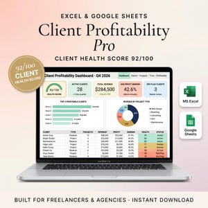 May include: A MacBook Pro showing a Client Profitability Pro dashboard with financial data, including active clients, revenue, profit margin, and a client health score of 92/100. The image includes the text "Excel & Google Sheets."