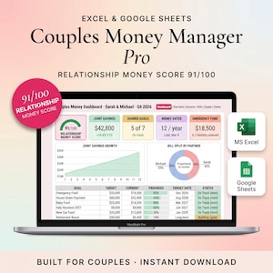 May include: A MacBook Pro displaying a financial dashboard titled "Couples Money Manager Pro." The screen shows joint savings, shared goals, and an emergency fund. The text reads "Built for Couples - Instant Download."