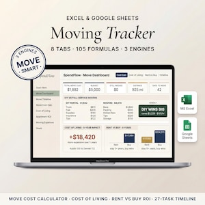 Könnte beinhalten: Ein MacBook Pro zeigt eine "Moving Tracker" Tabelle mit Datenanalyse. Der Bildschirm zeigt Kostenvergleiche, Budgetdetails und eine Entfernung von 1488 km. Die Tabelle ist für Excel und Google Sheets konzipiert, mit 8 Tabs und 105 Formeln.