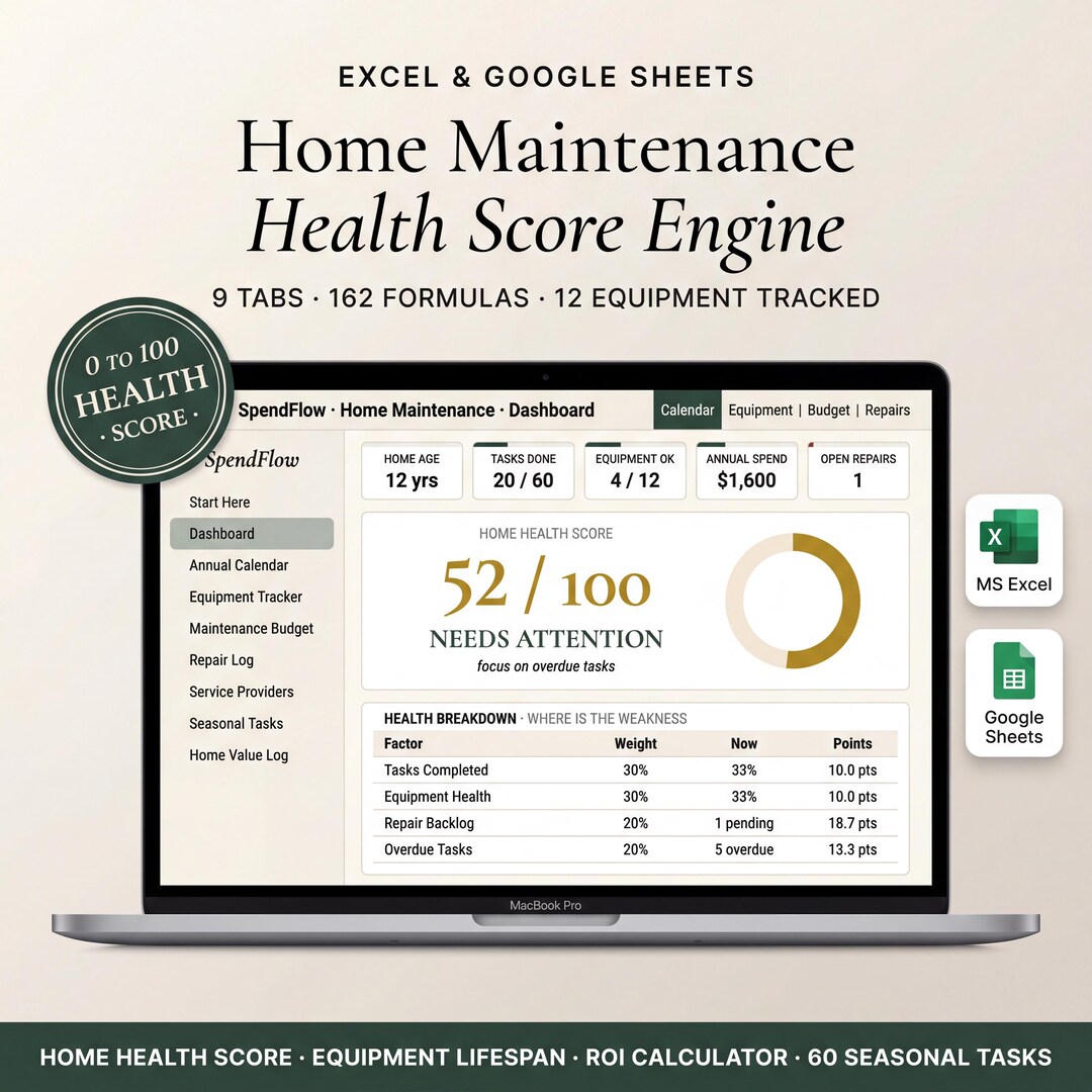 Home Maintenance Spreadsheet | Health Score Engine, Equipment Lifespan ...
