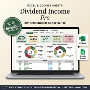 May include: A MacBook Pro displaying a financial dashboard titled "Dividend Income Pro." The screen shows income, portfolio yield, and sector allocation data. The image includes the text "Excel & Google Sheets" and "Instant Download."