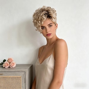 Customized labels,Blonde Short Curly Pixie Wig Synthetic Hair