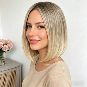 May include: A blonde bob wig with a side part. The hair is a mix of light blonde and darker blonde shades. The wig has a smooth, sleek texture and a natural-looking hairline. The person is wearing a beige top.