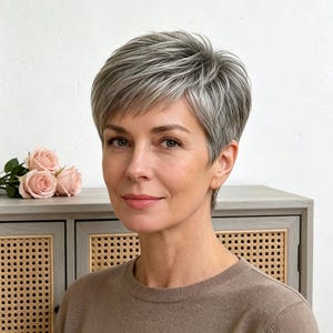 Customized labels,Gray Pixie Cut Wig for Older Women, Short Natural Synthetic Hair