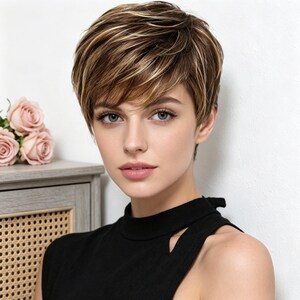 Etiquetas personalizadas, peluca sintética corta de corte pixie marrón con mechas