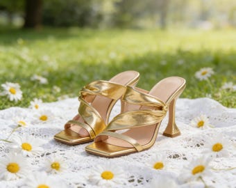 Plantillas personalizadas, sandalias de tacón alto con nudo retorcido metálico dorado / sandalias de tacón acampanado con punta cuadrada / zapatos para invitadas de boda
