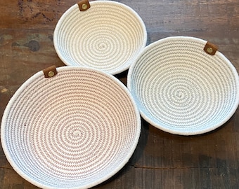 Round Cotton Rope Baskets with LIGHT CARAMEL Leather Tab / Coaster Baskets