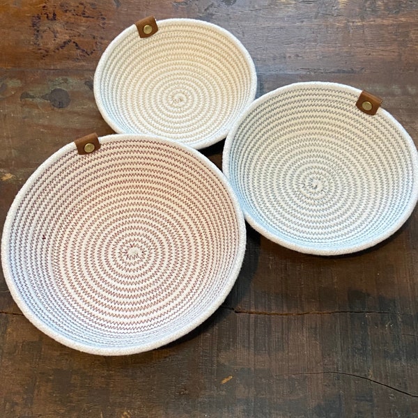 Round Cotton Rope Baskets with LIGHT CARAMEL Leather Tab / Coaster Baskets